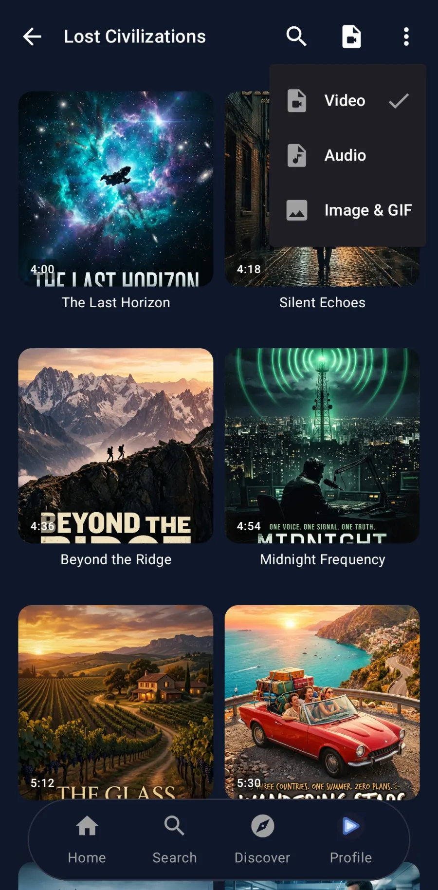 Echogram browsing video files in a Telegram channel