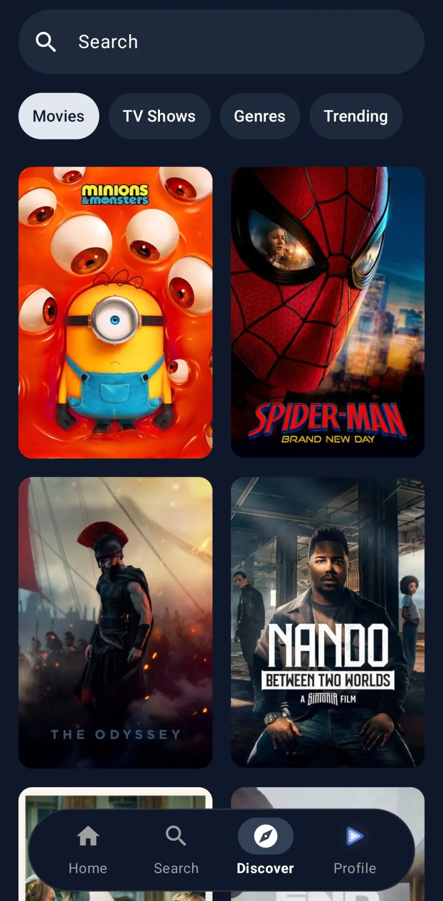 EchoGram Discover screen showing movie posters with ratings