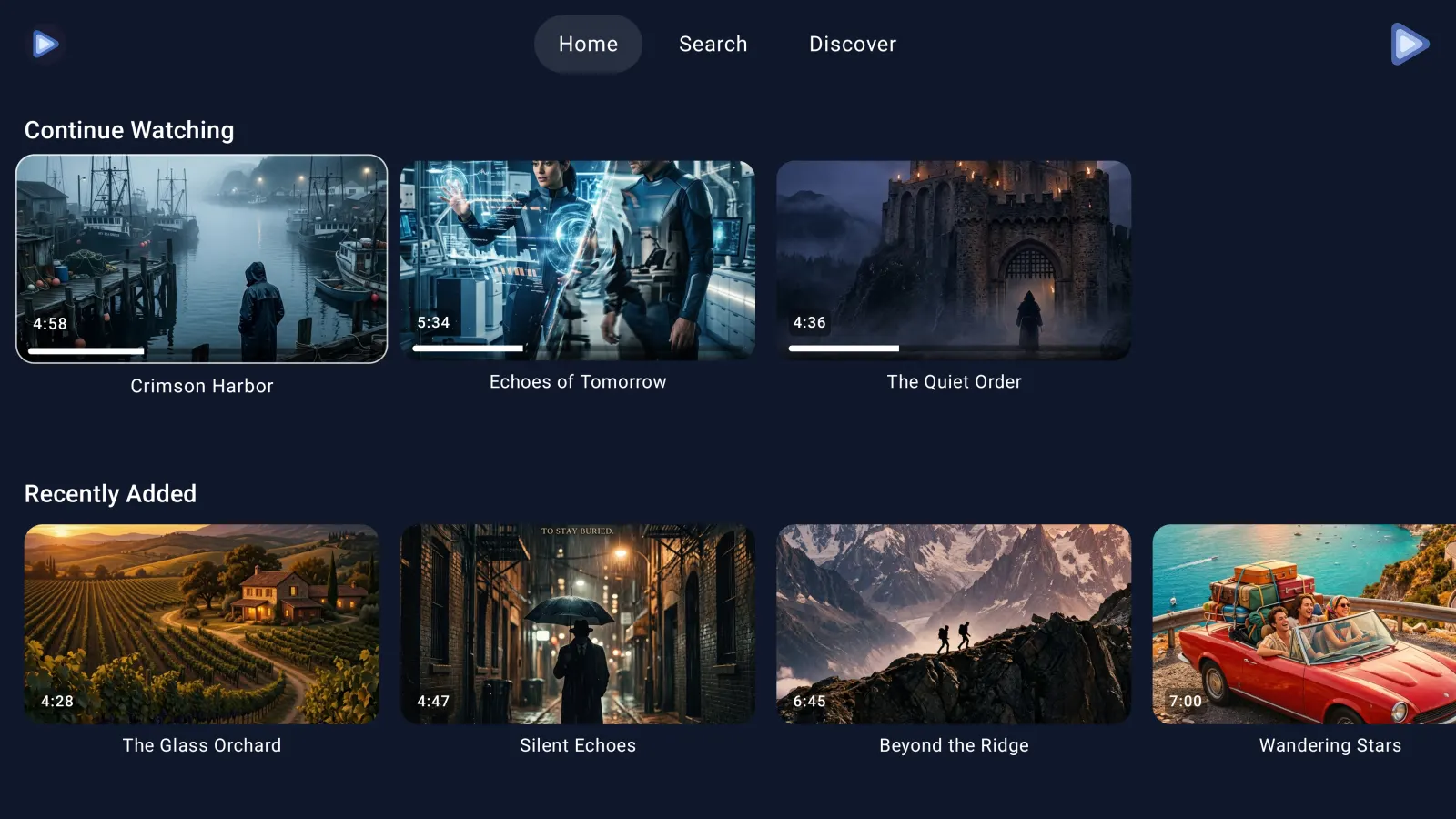 EchoGram on an Android TV showing Continue Watching and Recently Added rows of Telegram videos