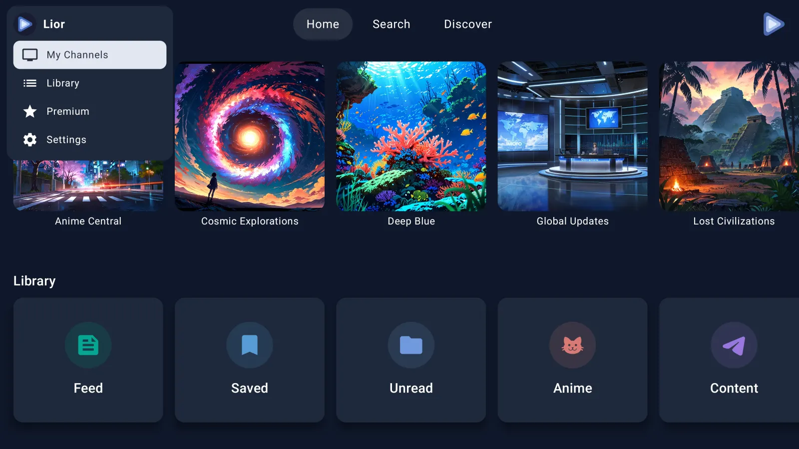 Echogram on Fire TV showing the side menu and channel row